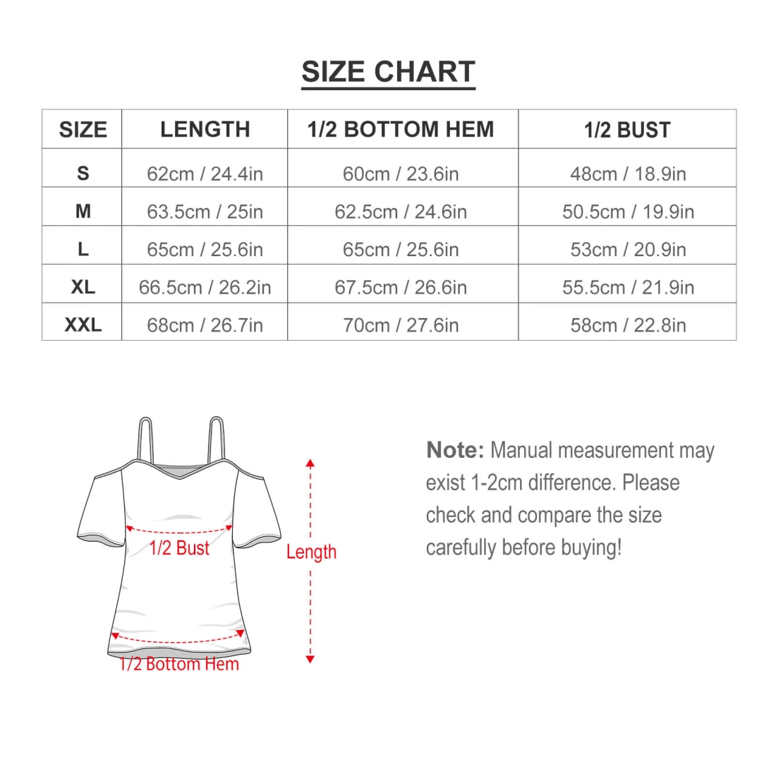 Off Shoulder Camisole Top for Women, Custom Design Upload size chart