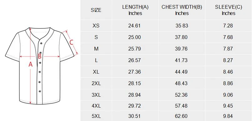 All Over Print Baseball Jersey for Her, Made to Order size chart