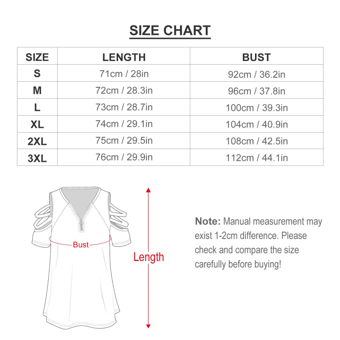 Personalized All Over Shirts for Women Off Shoulder Zip Tunic size chart
