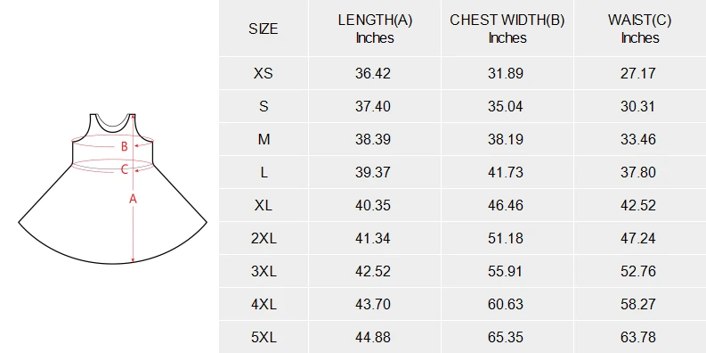 Personalized Sleeveless Expansion Dress with Your Own Design size chart