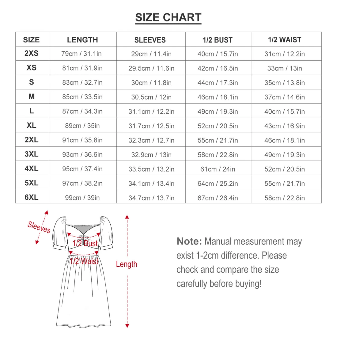 Sweetheart Neck Puff Sleeve Dress With Your Custom Design size chart