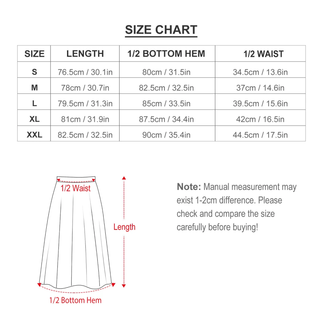 Personalized All Over Print Skirt with Your Custom Design size chart
