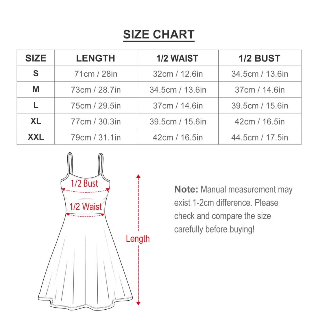 Personalized Spaghetti Strap Dress for Women with Your Design size chart