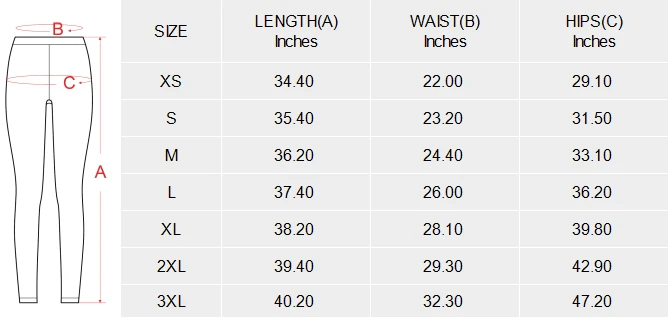 Personalized Leggings With Your Own All-Over Design size chart