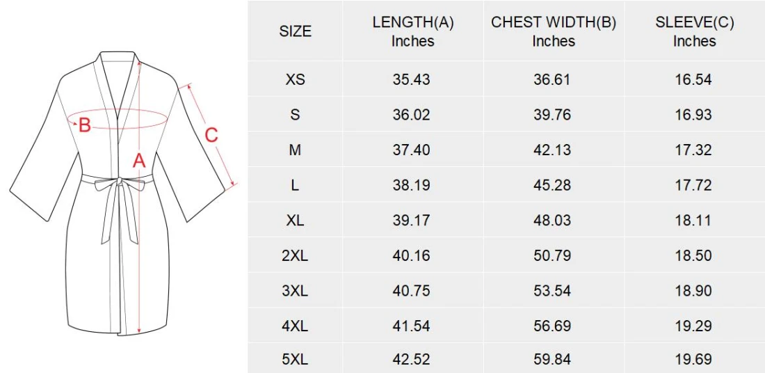 Personalized Long Sleeve Kimono Robe for Women size chart