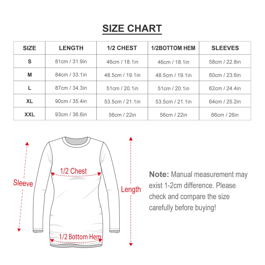 Personalized Long Sleeve Dress for Women With Your Custom Design size chart