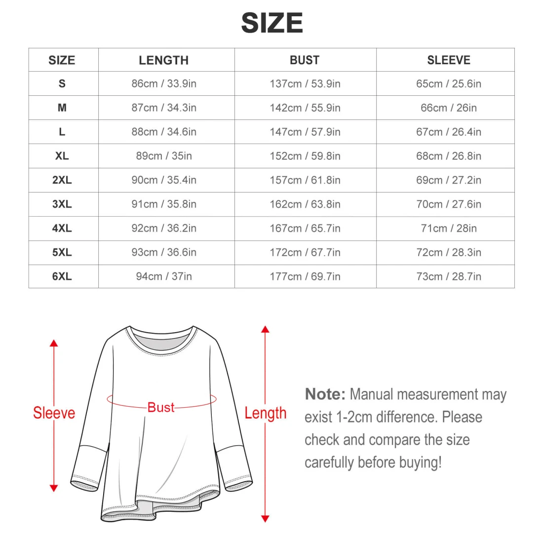 Asymmetric Hem Long Sleeve Top for Women, Personalized size chart