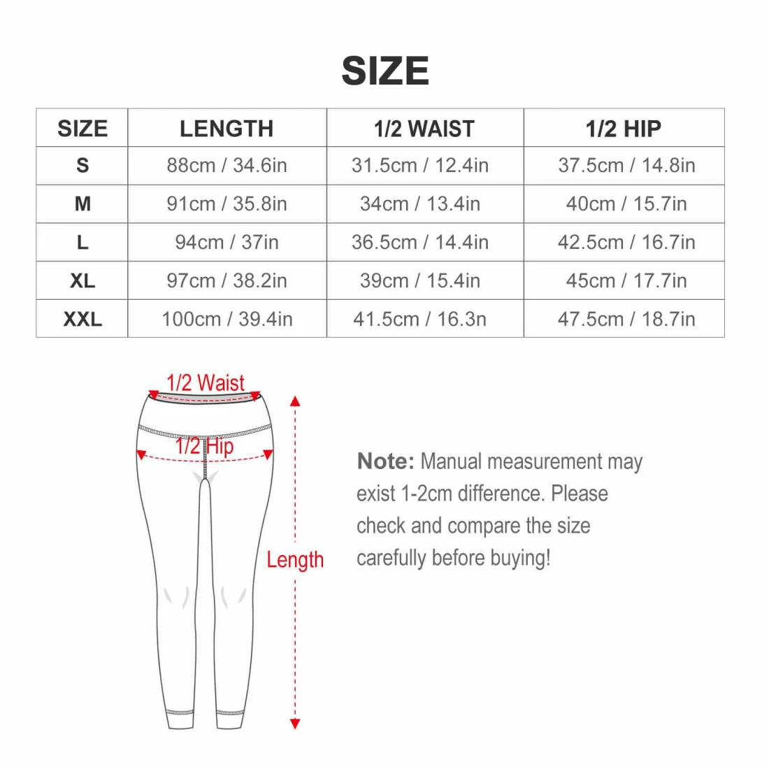 Personalized Yoga Leggings with Double Pockets size chart