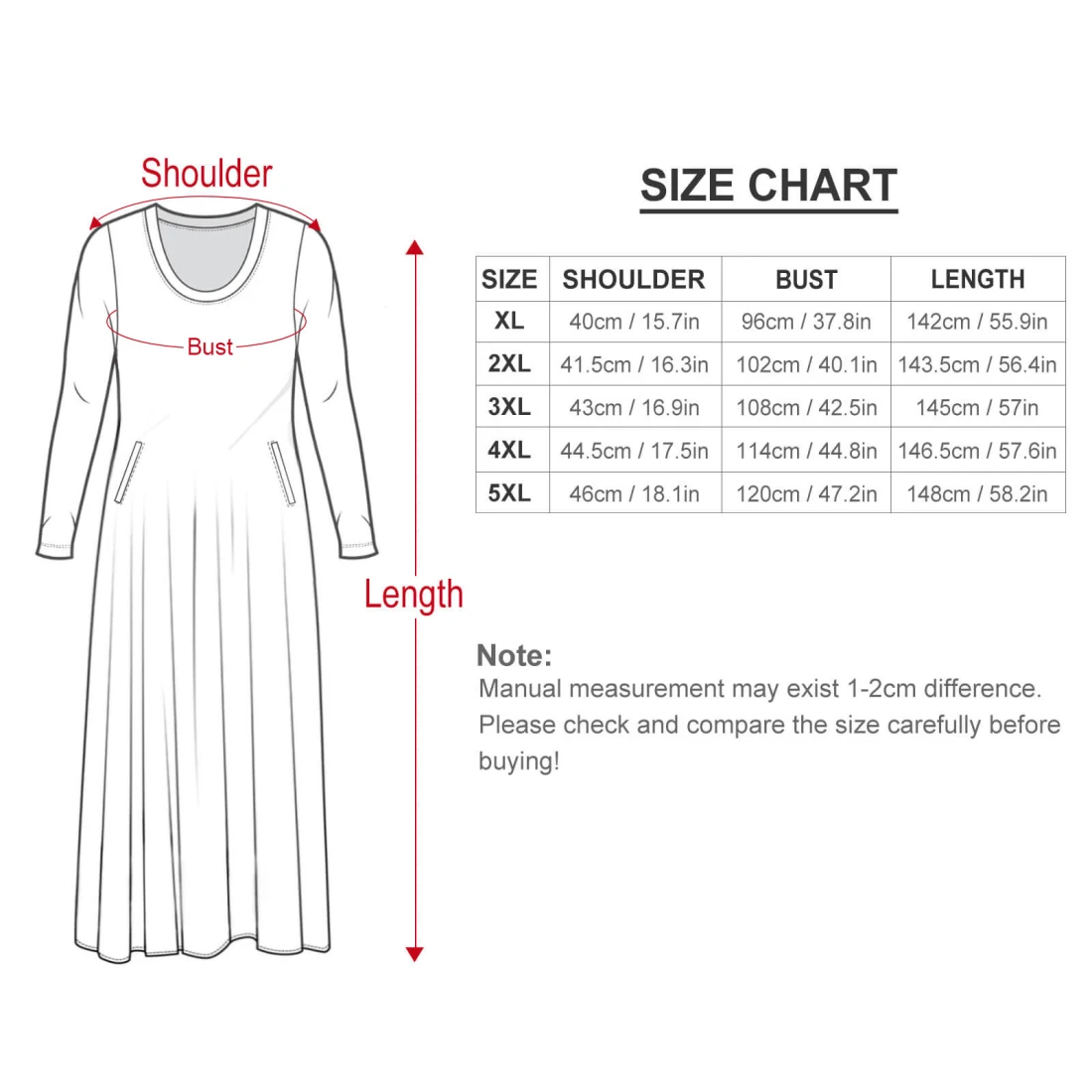 Plus Size Loose Dress for Women With Custom Design size chart
