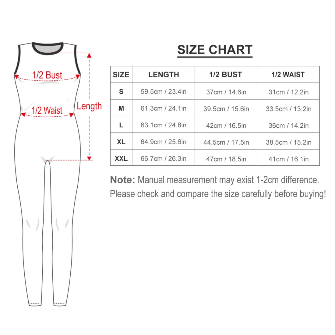 Personalized Yoga Jumpsuit for Women, Made With Your Design size chart