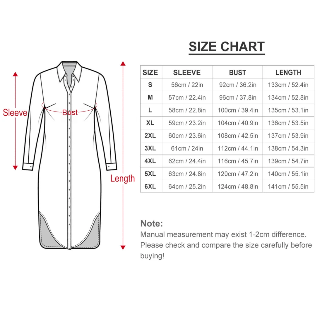 Personalized Button Shirt Dresses with Your Custom Design size chart