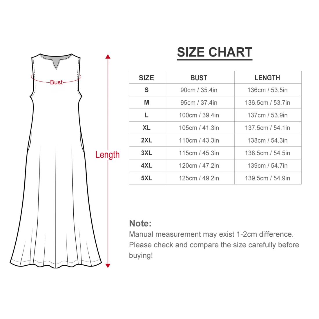Personalized Dresses: Custom Sleeveless Long Dress for Women size chart