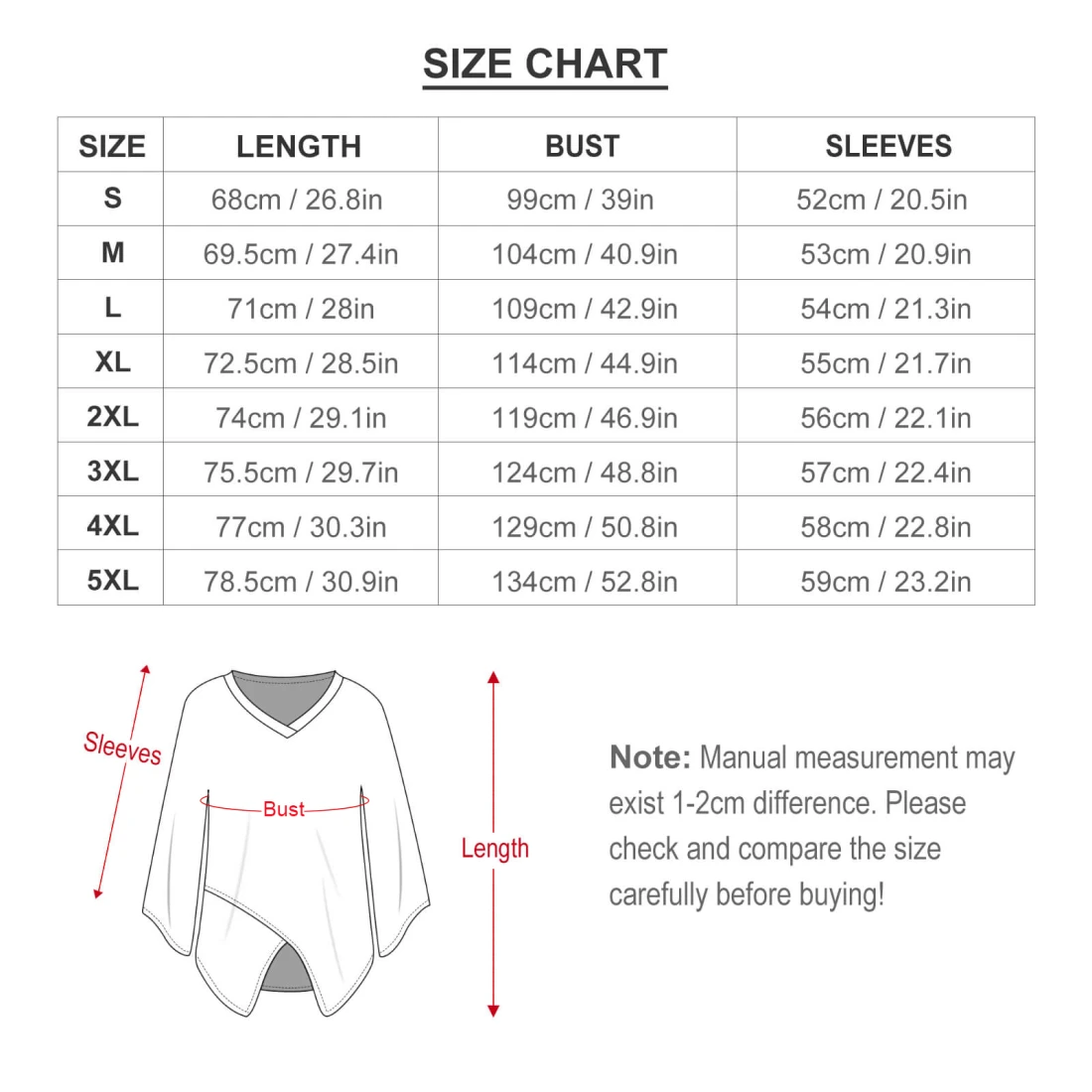 Personalized Long Sleeve Shirts for Women: Loose Chiffon Top size chart
