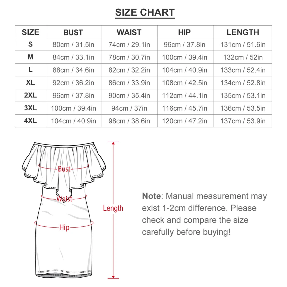 Personalized Dresses for Women: Off-Shoulder Shawl Skirt size chart