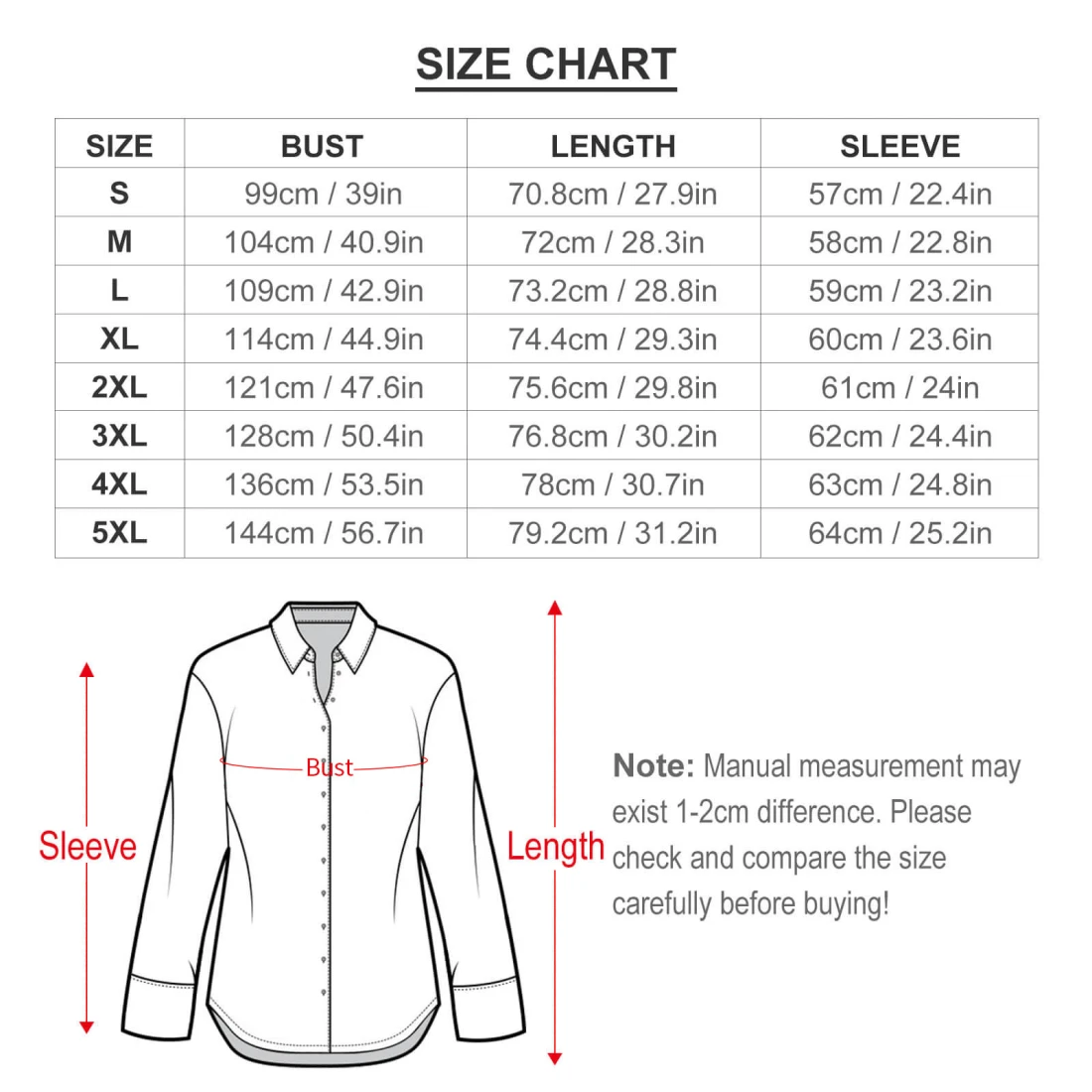 Personalized Long Sleeve Shirts for Women, Custom Design size chart
