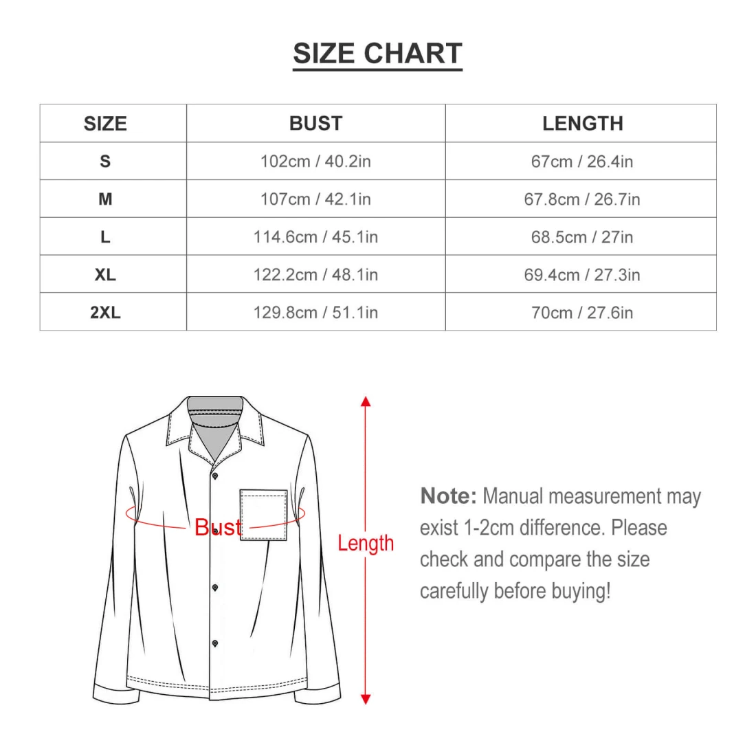 Camp Collar Pajama Set for Women with Button-Up Top and Pockets size chart