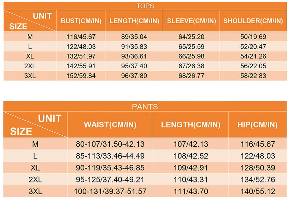 Personalized Pajama Sets for Women with Your Custom Design size chart