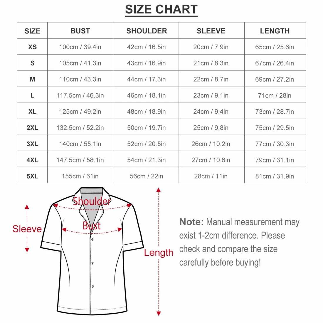 Personalized Pajama Sets for Women with Your Custom Design size chart
