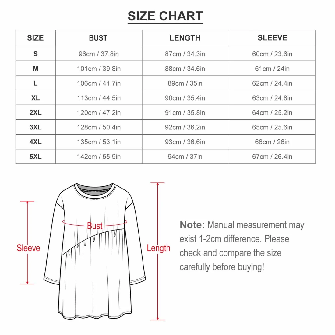 Personalized Long Sleeve Dress with Your Custom Design size chart