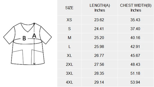 All Over Print Scrub for Women, Personalized With Your Design size chart