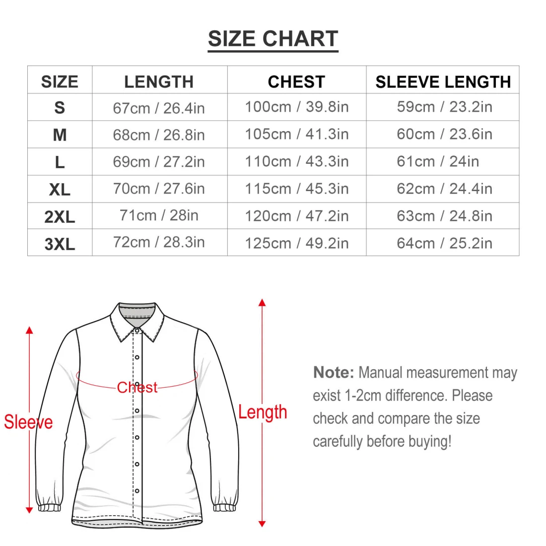 Personalized Long Sleeve Shirts for Women: Custom Blouse size chart