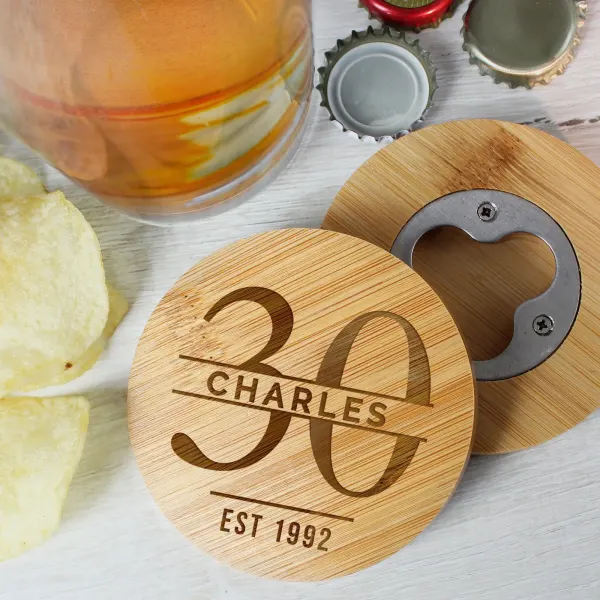 Custom Bamboo Coaster Bottle Opener, Personalized Name Age Milestone Gift