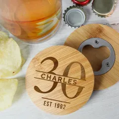 Custom Bamboo Coaster Bottle Opener, Personalized Name Age Milestone Gift thumbnail 1