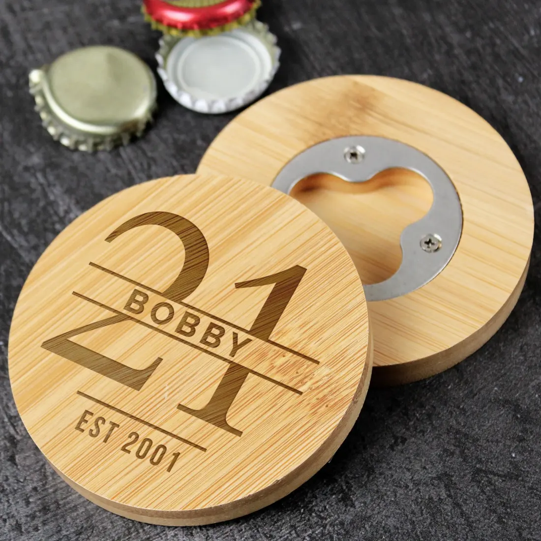 Custom Bamboo Coaster Bottle Opener, Personalized Name Age Milestone Gift — photo 3