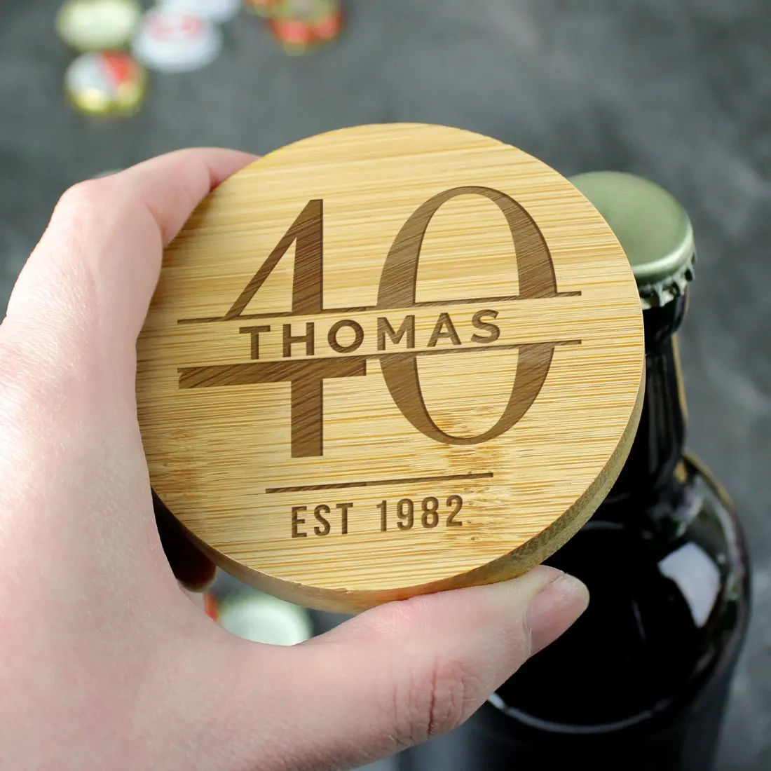 Custom Bamboo Coaster Bottle Opener, Personalized Name Age Milestone Gift — photo 4