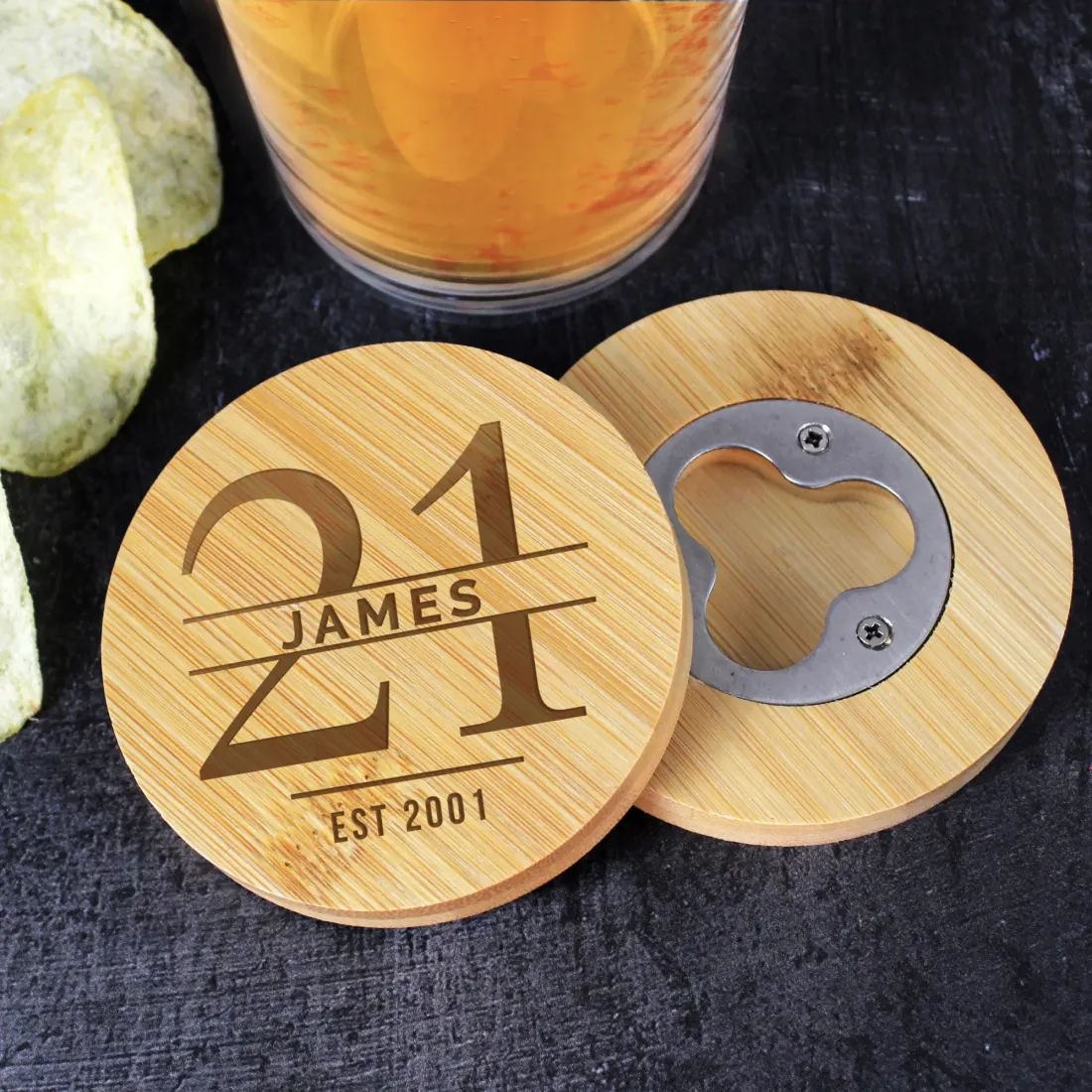 Custom Bamboo Coaster Bottle Opener, Personalized Name Age Milestone Gift — photo 5