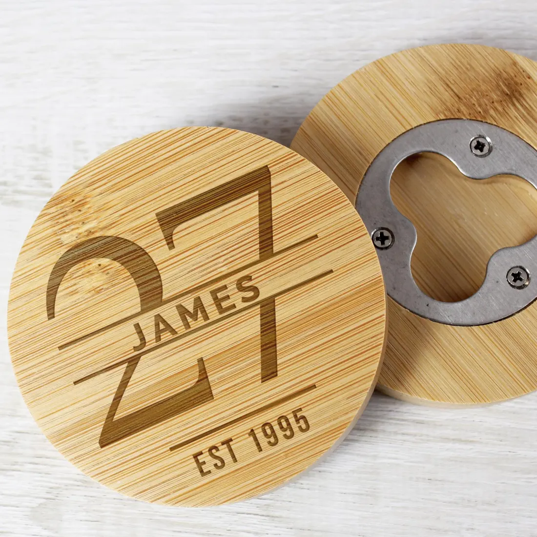 Custom Bamboo Coaster Bottle Opener, Personalized Name Age Milestone Gift — photo 6