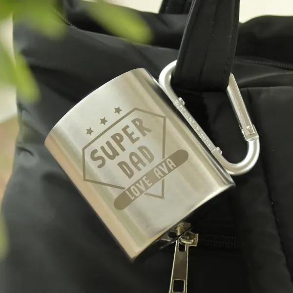 Super Dad Carabiner Mug, Custom Stainless Steel Camping Cup, Personalised Fathers Day Gift