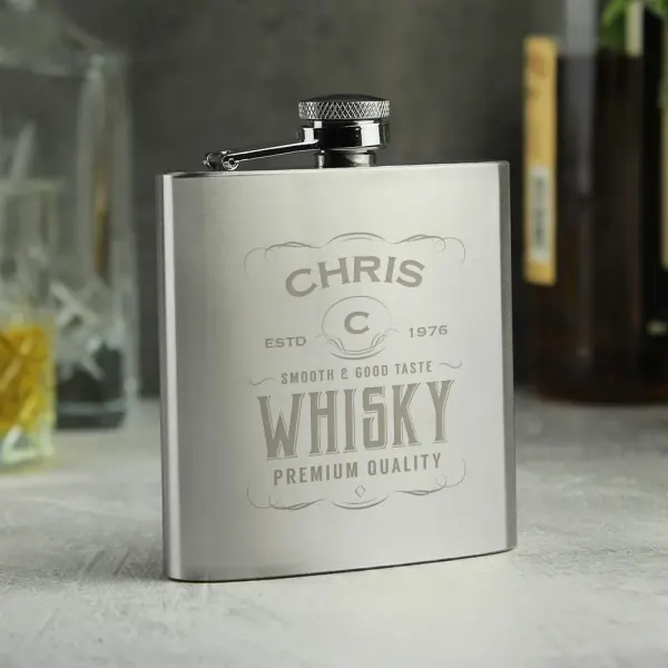 Engraved Stainless Steel Hip Flask, Custom Monogram Whiskey Flask for Men, Groomsmen Gift