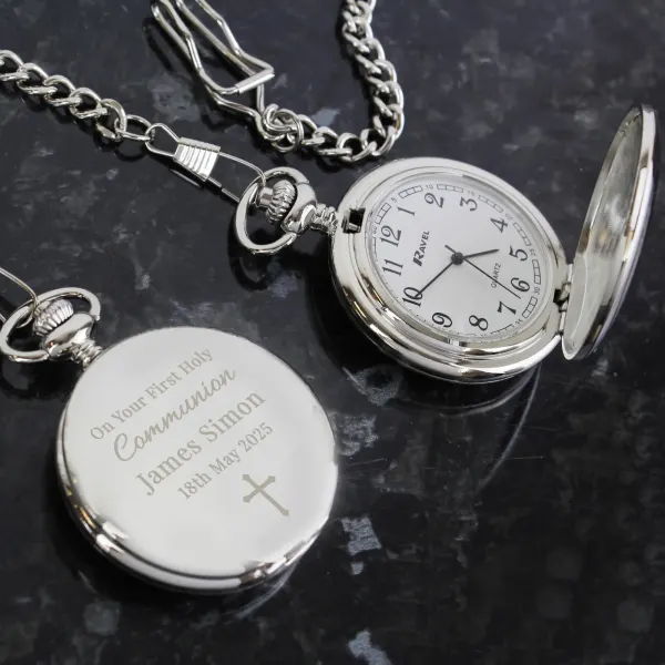Personalized Chrome Plated Pocket Watch, First Communion Gift for Boy Girl
