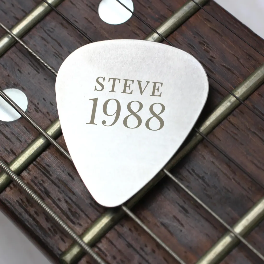 Personalised Silver Guitar Pick Engraved with Name and Year, Custom Plectrum for Musicians