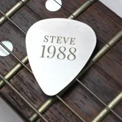 Personalised Silver Guitar Pick Engraved with Name and Year, Custom Plectrum for Musicians thumbnail 1