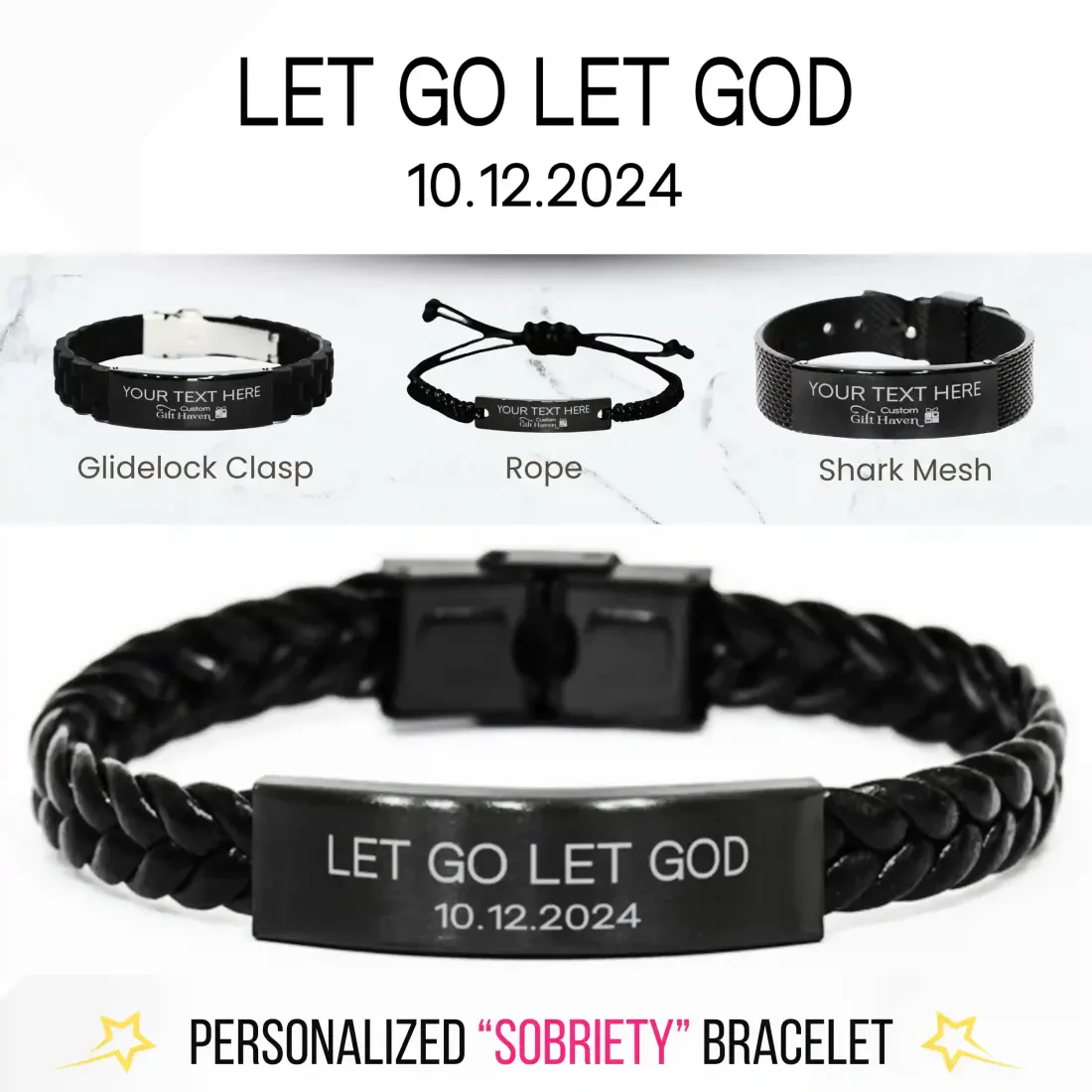 Personalized Sobriety Bracelet: Laser Engraved Custom Let Go Let God Recovery Jewelry