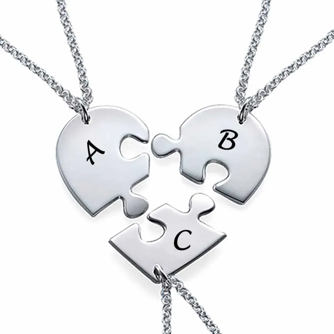 Sterling Silver Puzzle Necklace Set for 3 with Initials, Best Friend Gift — photo 4