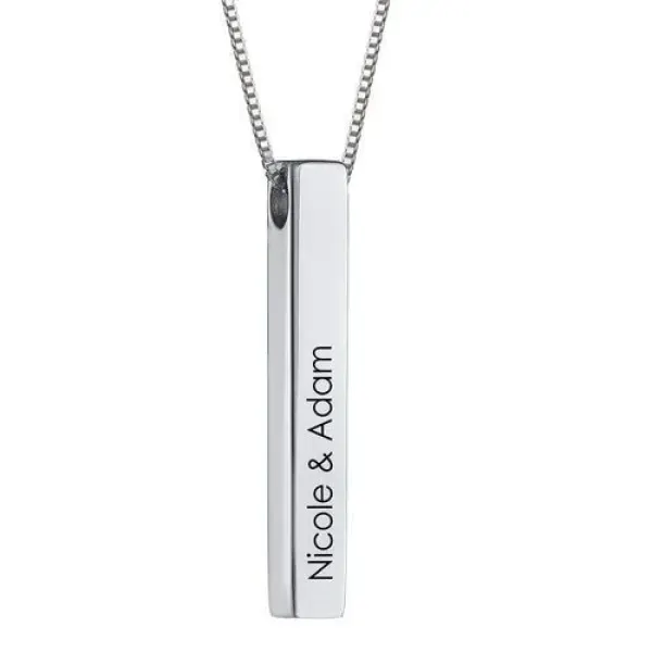 Silver Bar Name Necklace for Couples, Engraved Four-Sided Vertical Bar
