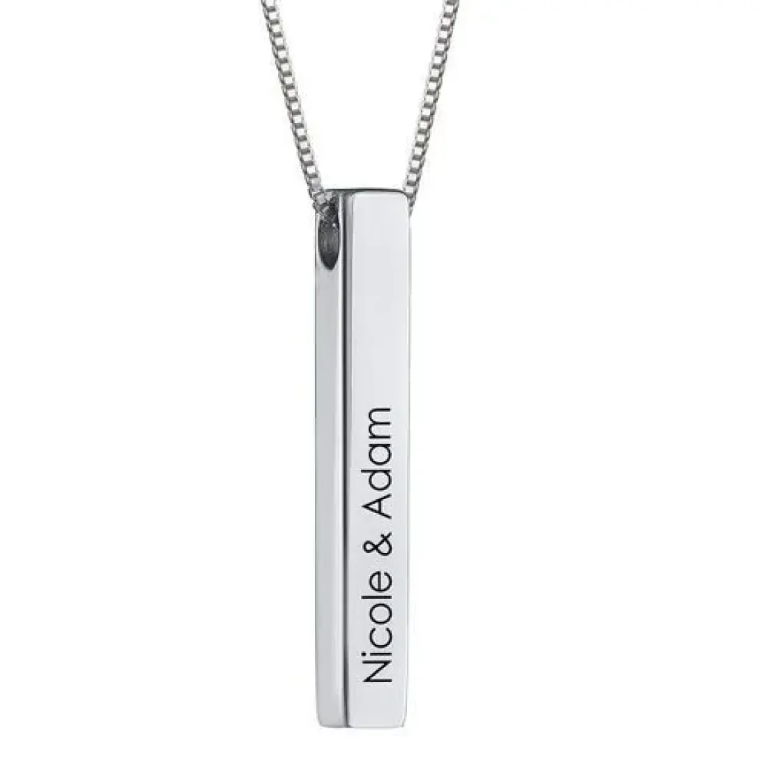 Silver Bar Name Necklace for Couples, Engraved Four-Sided Vertical Bar