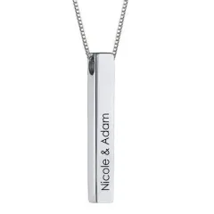 Silver Bar Name Necklace for Couples, Engraved Four-Sided Vertical Bar thumbnail 1