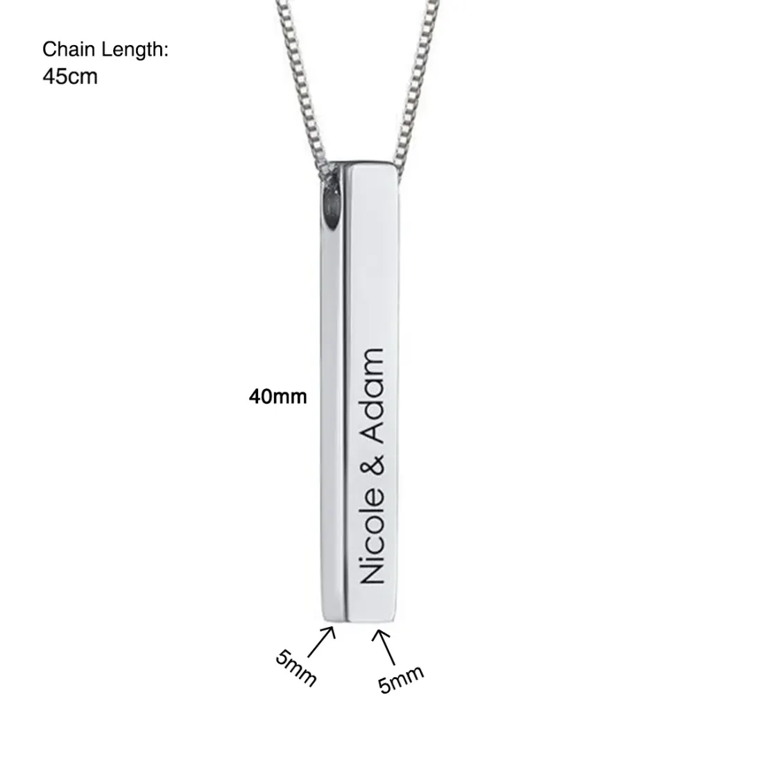 Silver Bar Name Necklace for Couples, Engraved Four-Sided Vertical Bar — photo 2