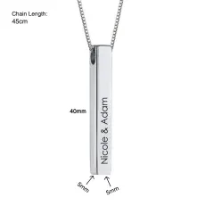 Silver Bar Name Necklace for Couples, Engraved Four-Sided Vertical Bar thumbnail 2
