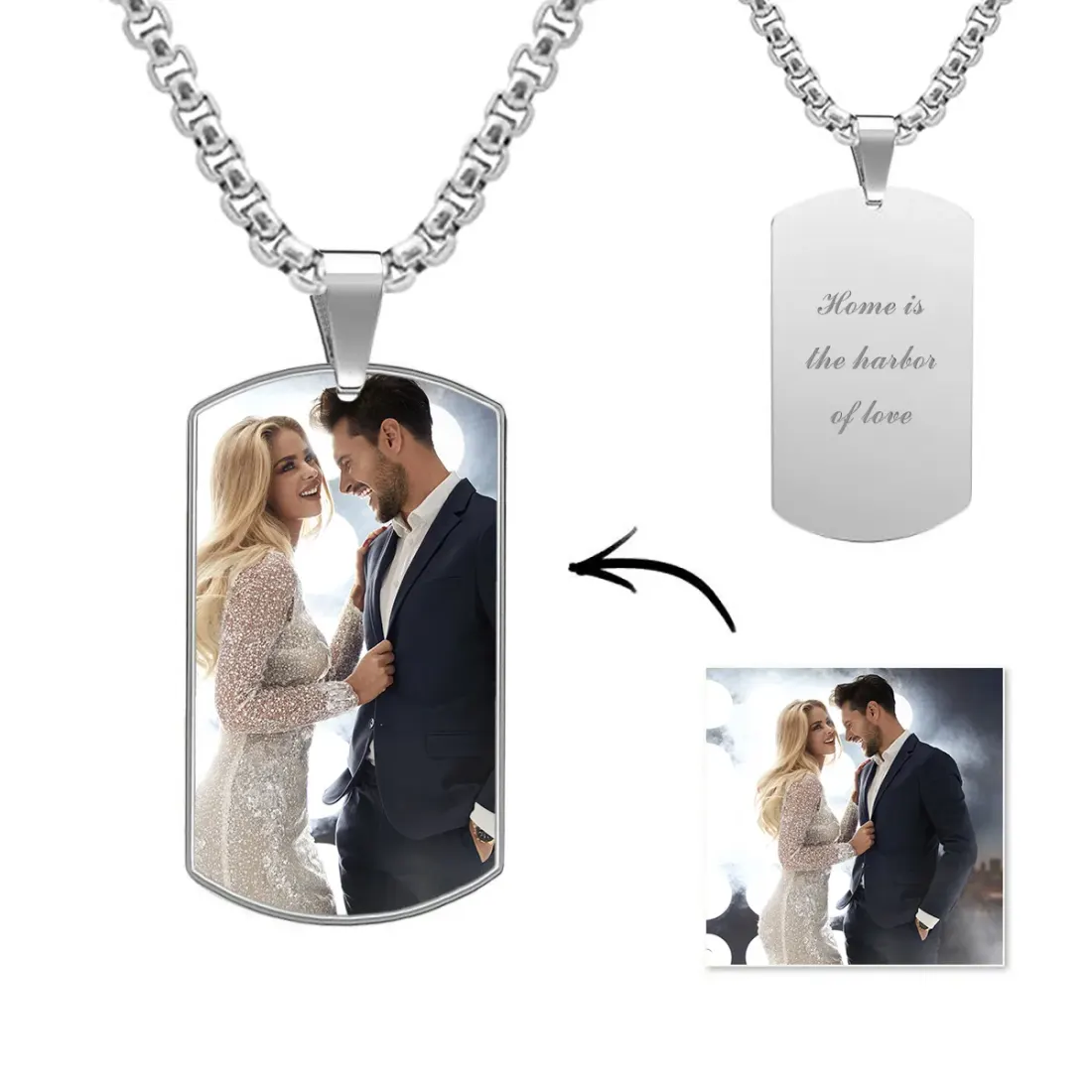 Color Photo Dog Tag Necklace with Back Message, Gift for Him or Her