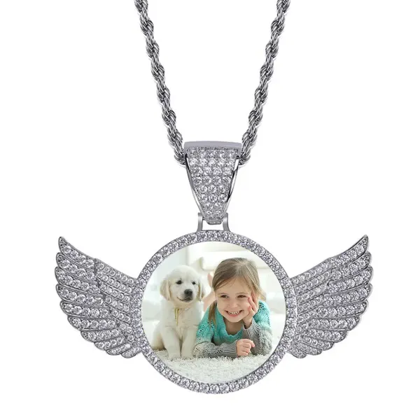 Silver Wings Photo Pendant with Cubic Zirconia Stones and Rope Chain