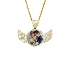 Gold Wings Photo Pendant Necklace with Sparkling Stones, Gift for Couples thumbnail 1
