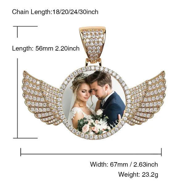 Gold Wings Photo Pendant Necklace with Sparkling Stones, Gift for Couples