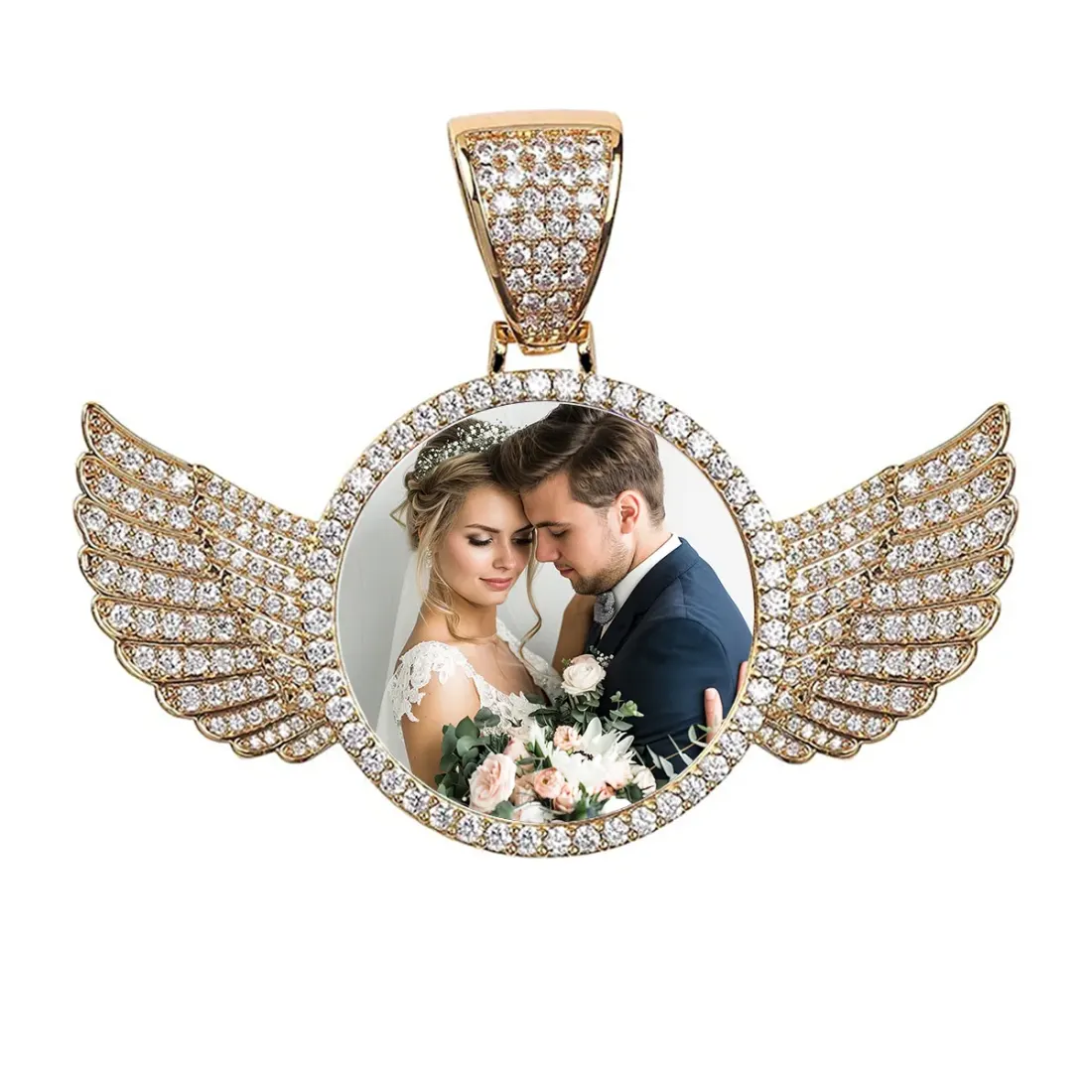 Gold Wings Photo Pendant Necklace with Sparkling Stones, Gift for Couples — photo 3