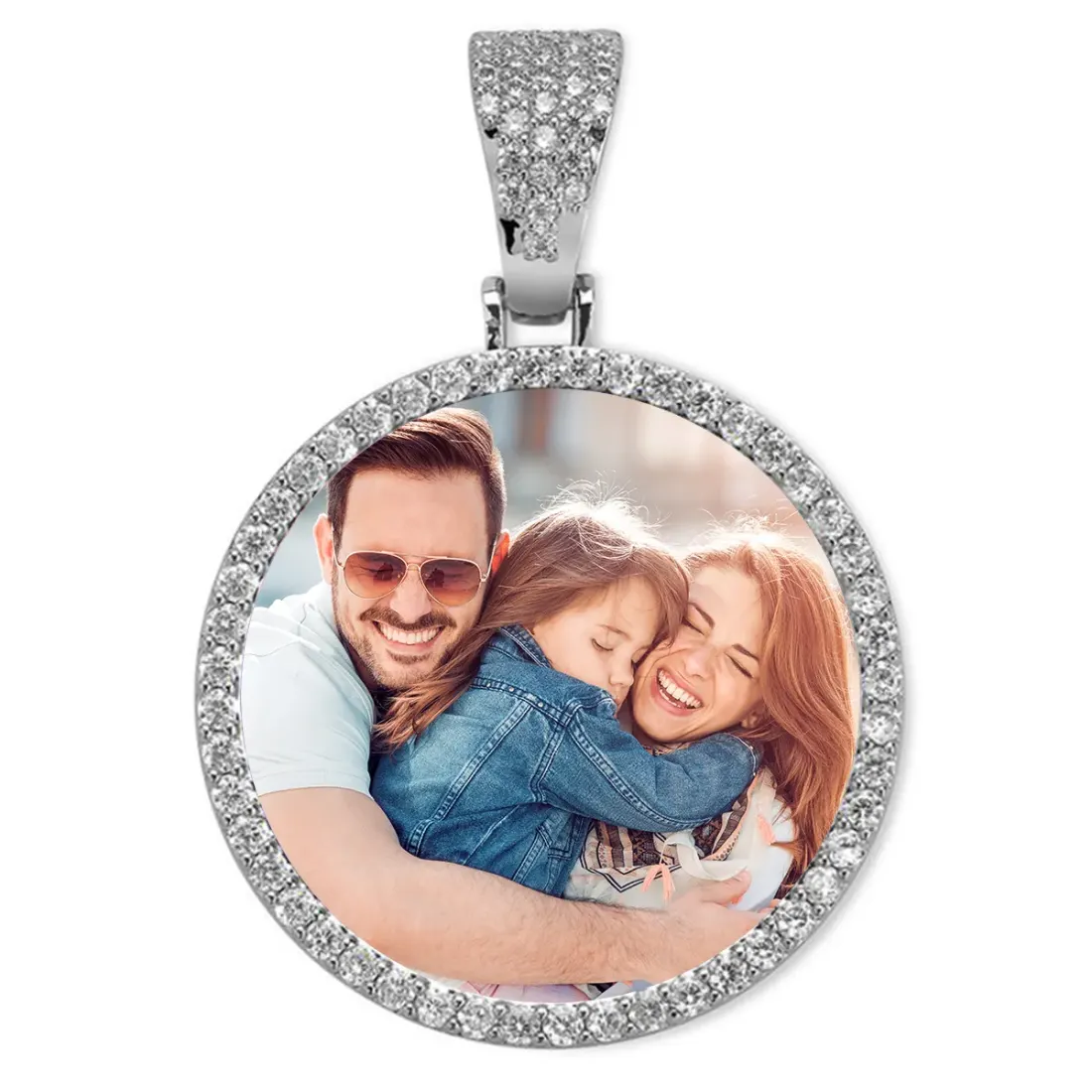 Silver Round Photo Pendant with Cubic Zirconia Halo and Rope Chain