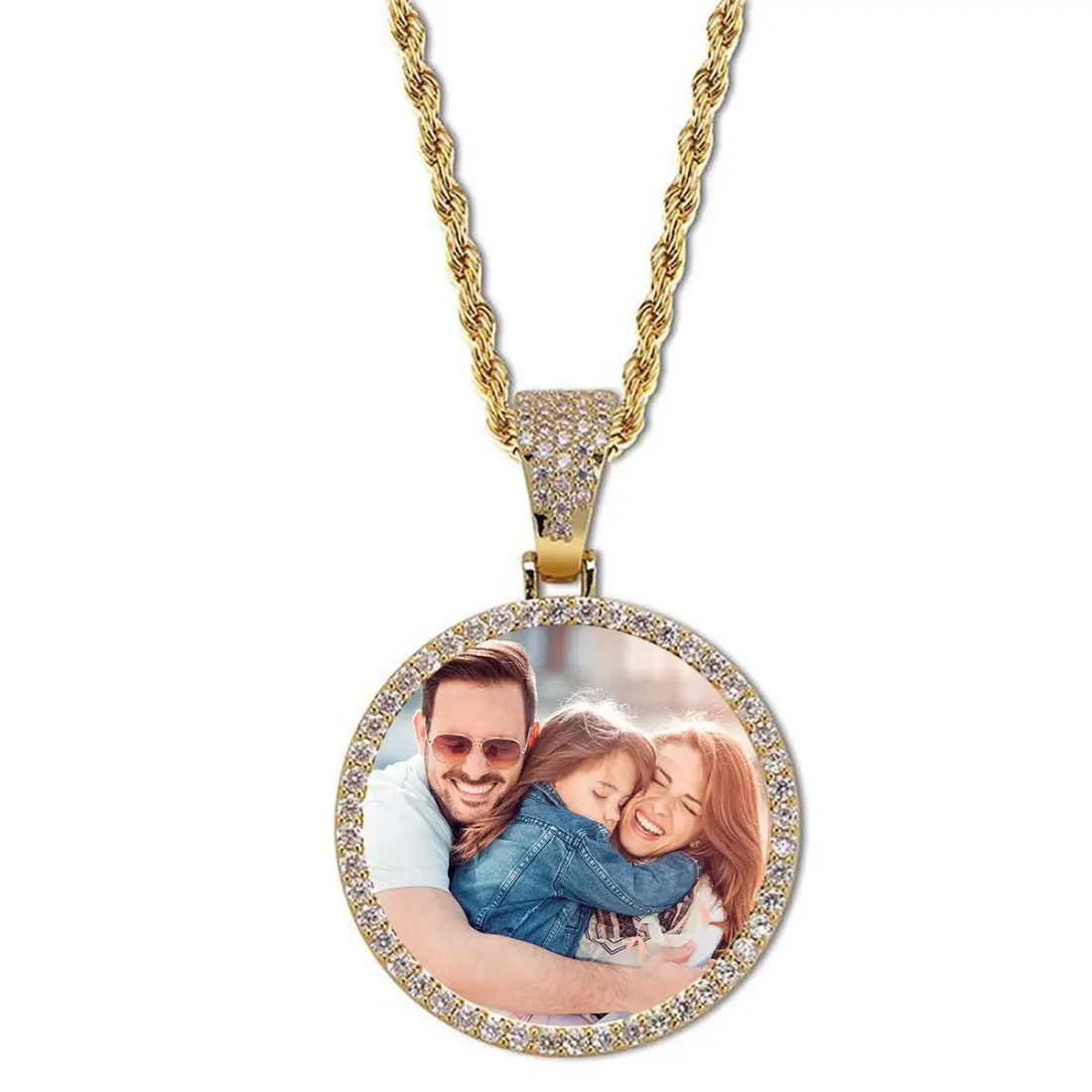Gold Round Photo Pendant with Cubic Zirconia Halo and Rope Chain